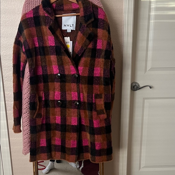 NVLT Jackets & Blazers - NVLT Women's Pink and Brown Plaid Pea Coat